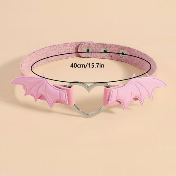 Cute Batwings Heart Faux Leather Choker in Pink, NWT - Picture 4 of 13